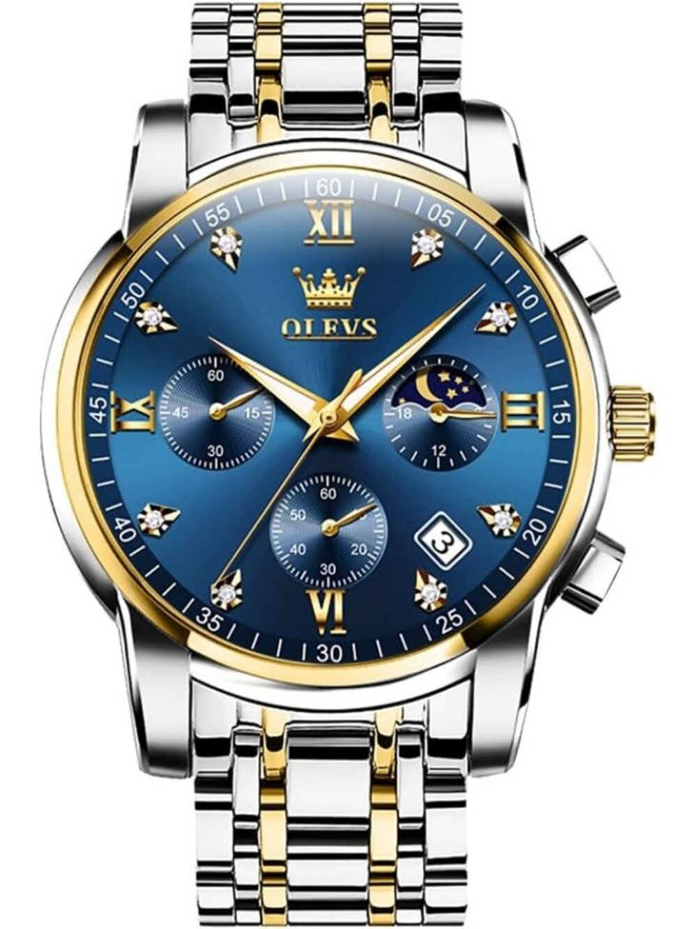 OLEVS Men Silver Gold Blue Dress Watch Stainless Steel Luminous Waterproof Watch